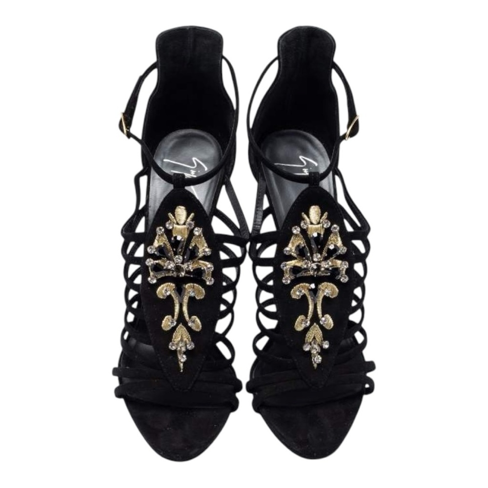 🍸GIUSEPPE ZANOTTI🍸Sexy Black Crystal Embellished T-Bar Sandal Heel - Picture 4 of 12